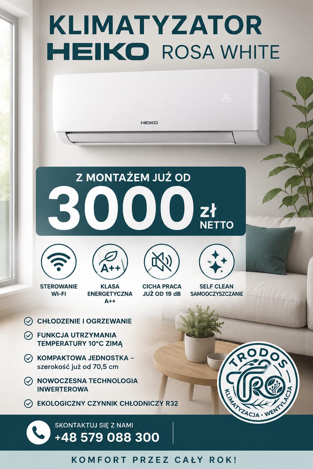 Kompaktowy klimatyzator ścienny HEIKO ROSA White z montażem we Wrocławiu